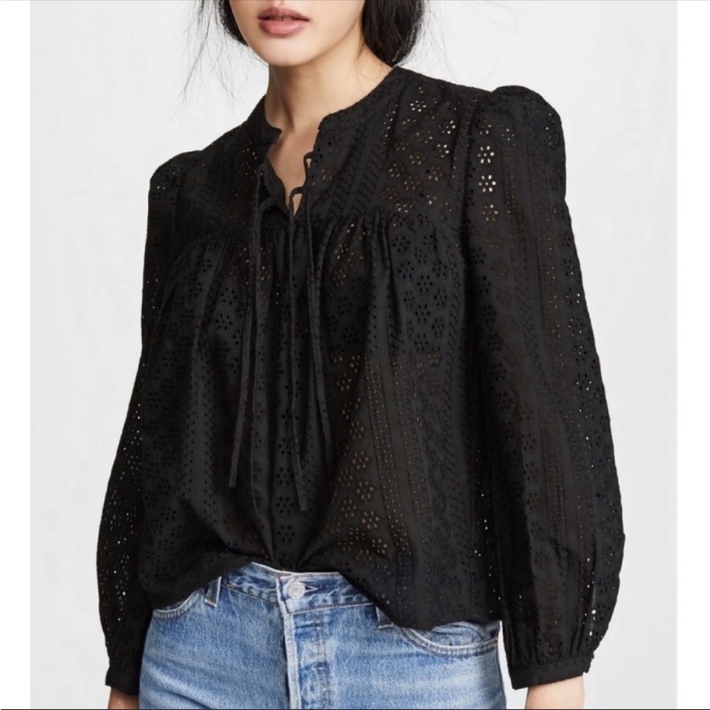 Madewell Black Eyelet Double Tie Puff Sleeve Peasant Top Womens Size L